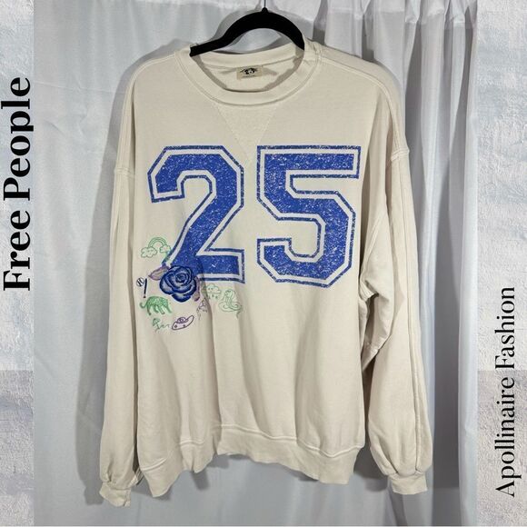 FREE PEOPLE FOOTBALL THEME CREW NECK SWEATSHIRT IVORY BLUE SIZE SMALL - Picture 3 of 6